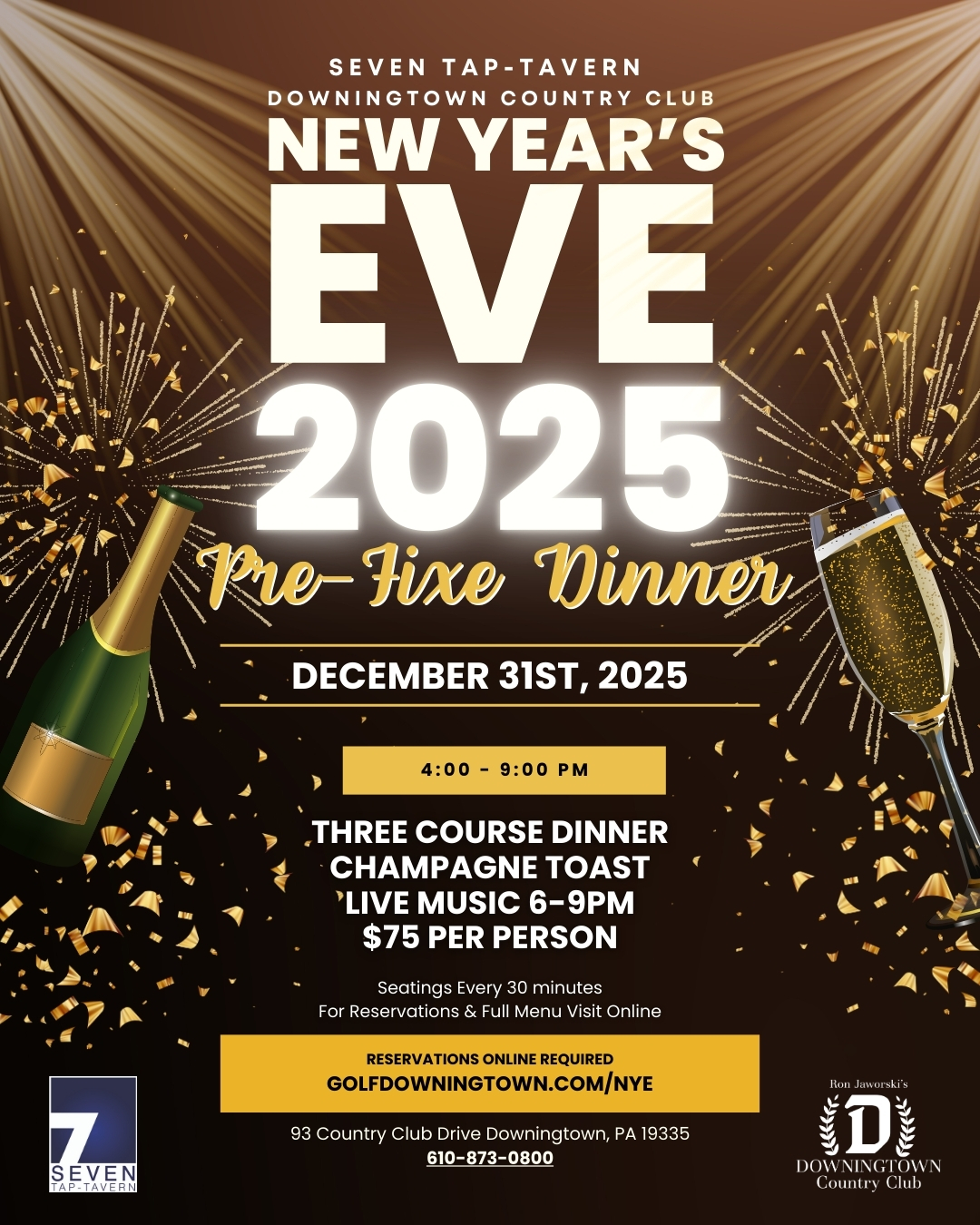 New Year's Eve 2025 Pre-Fixe Dinner at Downingtown Country Club