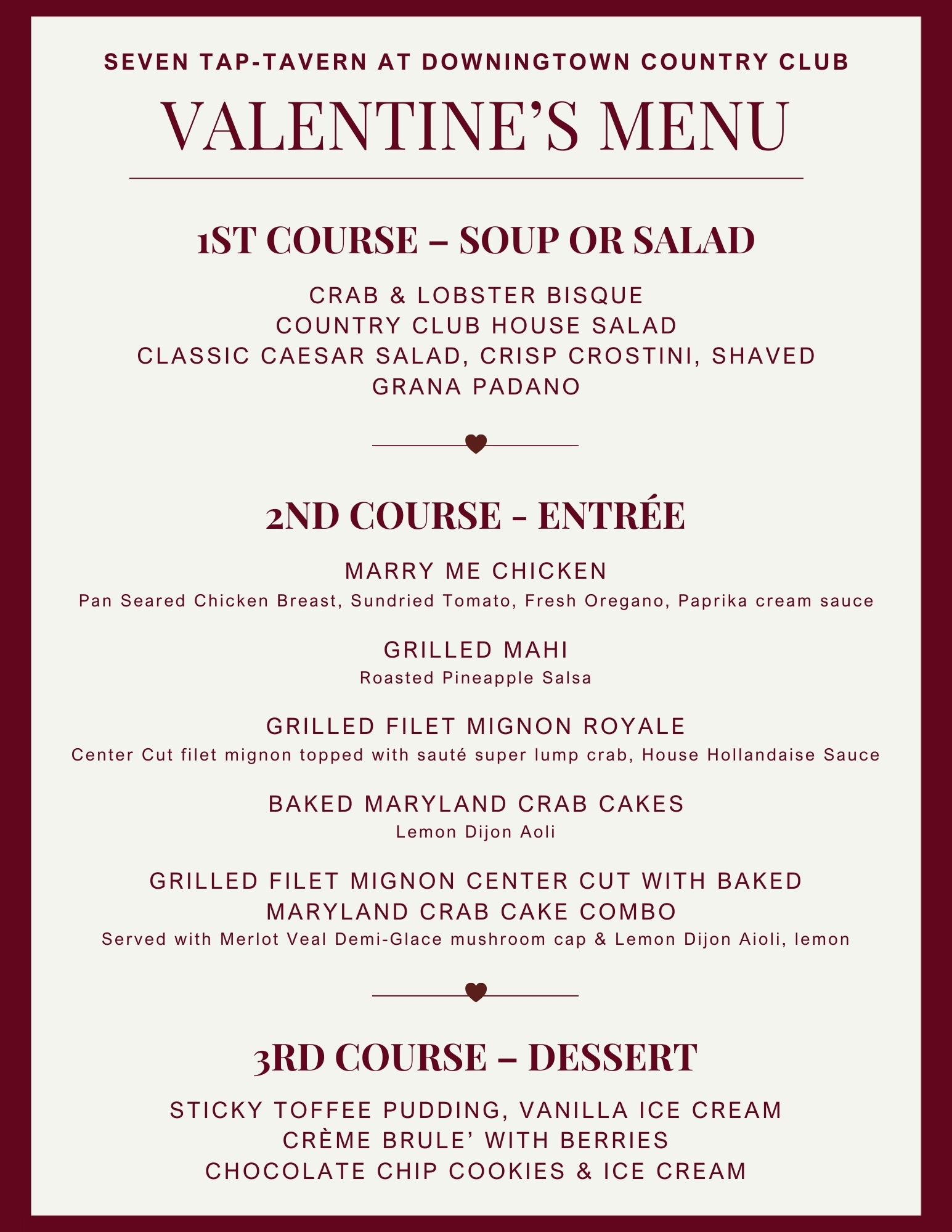 Valentine's Day Dinner Menu, Downingtown