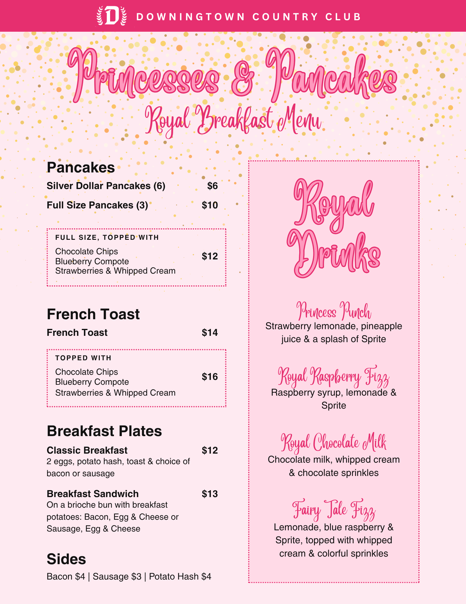 Princesses & Pancakes Royal Breakfast Menu with pancakes, French toast, breakfast plates, sides and royal drinks